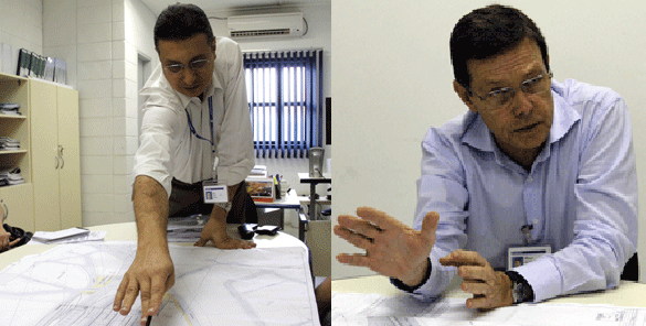 gerente da Linha 15-Prata do monotrilho, Paulo Sérgio Meca, e o chefe do Departamento de Obra Civil do empreendimento, José Arapoty Prochno, se reuniram com a Folha (Ale Vianna/FolhaVP) mono6